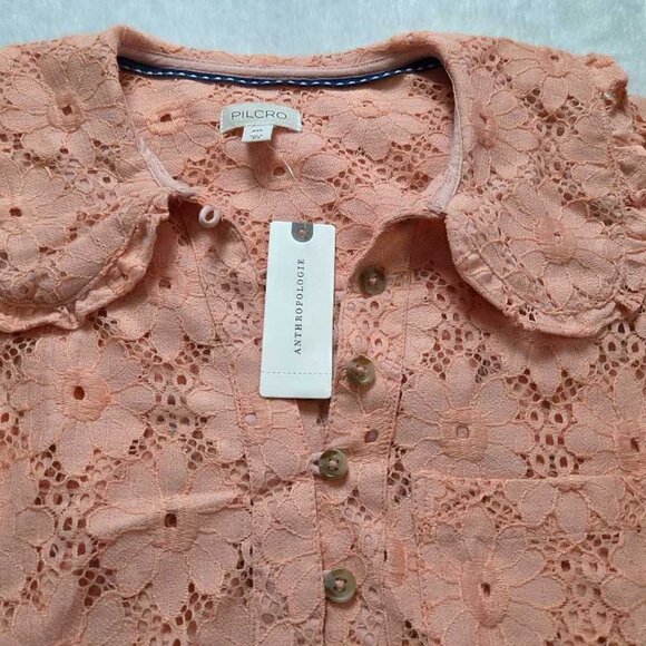 New XXS Anthropologie Pilcro The Keira lace collared button-front blouse Coral - Picture 4 of 10